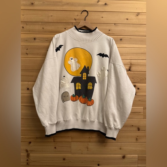 Vintage Halloween Size XL Haunted House Ghost Pumpkin Mockneck Sweater FLAWED - Picture 1 of 12